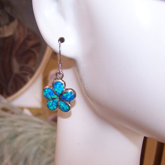 Vintage Sterling Silver Lab Opal Inlay Dangle Earrings - Daisy Design - Picture 3 of 8